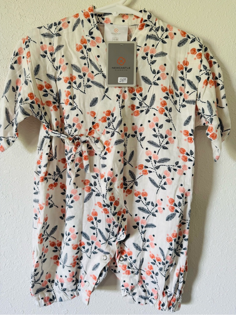 Kids White Floral Wrap One-Piece Bodysuit in Coral